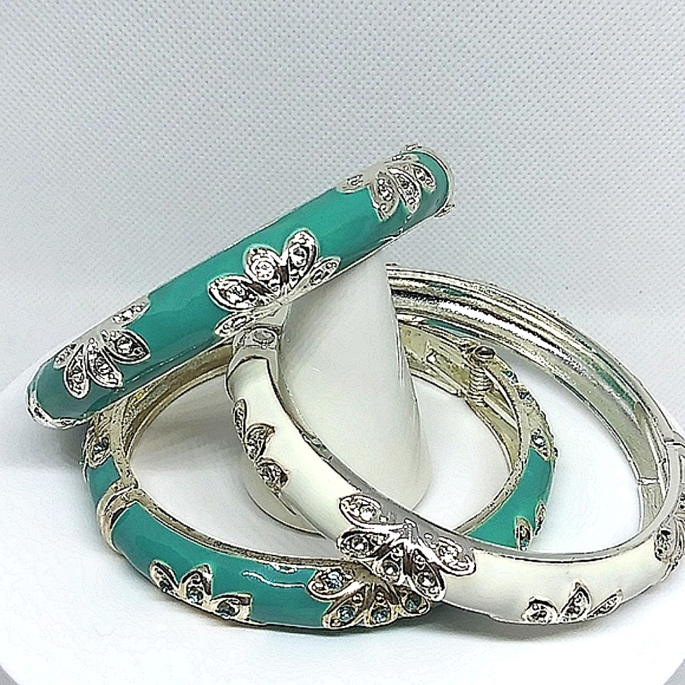 🌟2xHP🌟 Vintage Enamel & Rhinestone Bangle Bracelets Bundle set of 3